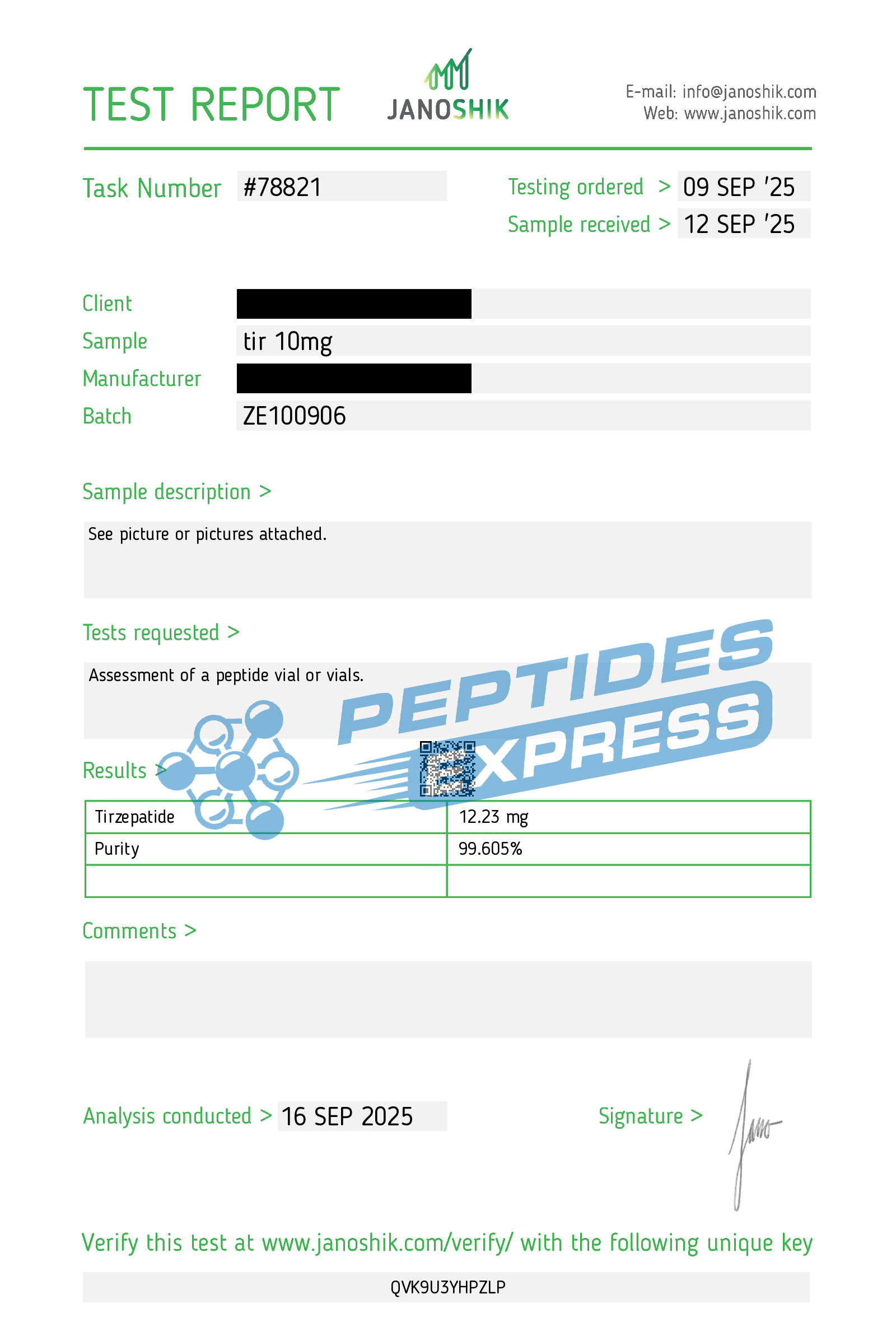 janoshik tirzepatide Tested blind. Verified pure. 99.644%. We sent this batch of Retatrutide to Analytical with no instructions on what to look for. Products from category Pharmaceutical analyses